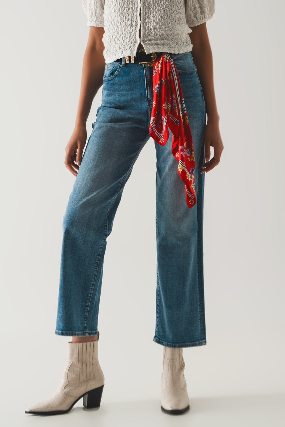 Jean taille haute coupe droite en coton Bleu