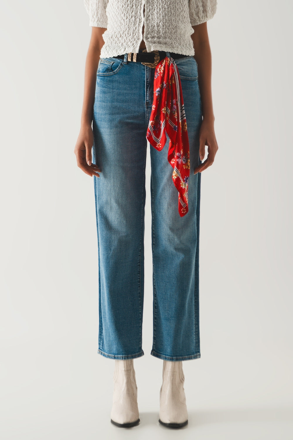 Jean taille haute coupe droite en coton Bleu