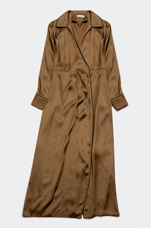 Robe portefeuille longue en satin beige