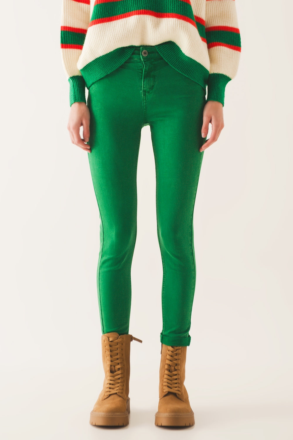 Jean skinny taille haute en vert