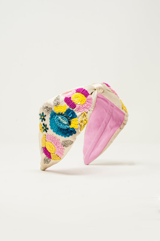 Bandeau noué orné de fleurs creme
