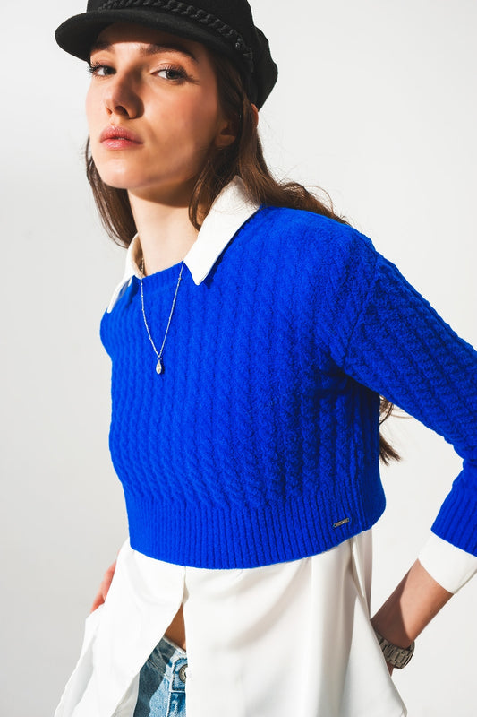 Pull ultra court en maille torsadée Bleu