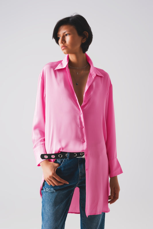 Chemise manches longues boutonnée devant en satin rose