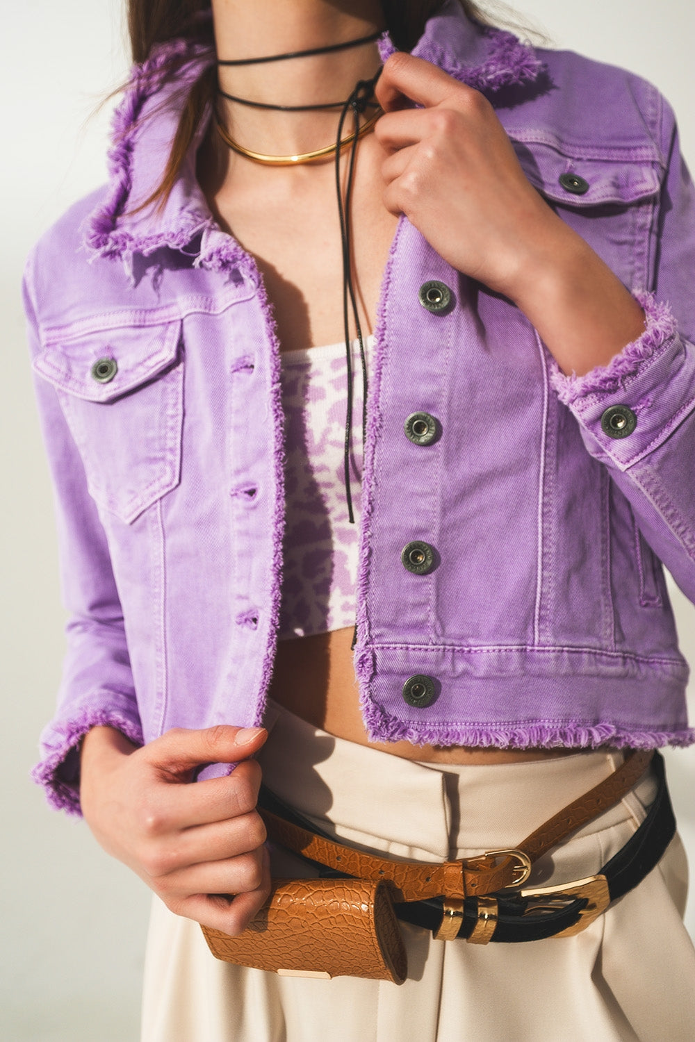 Veste en jean à bords bruts lilas