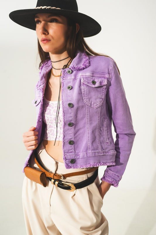 Veste en jean à bords bruts lilas
