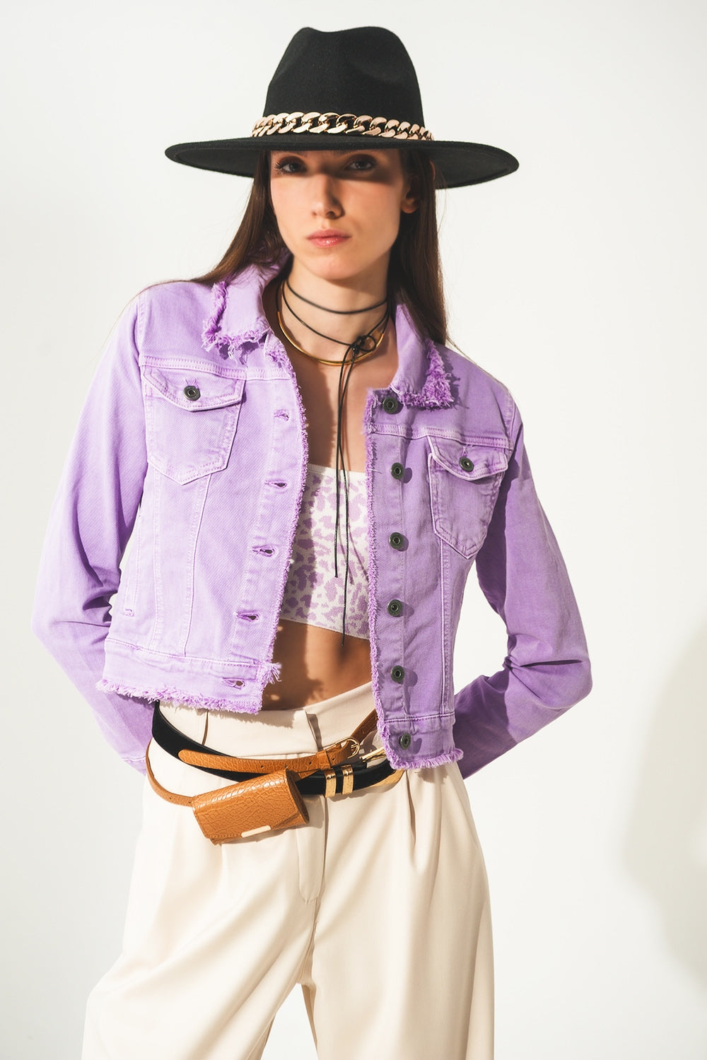 Veste en jean à bords bruts lilas