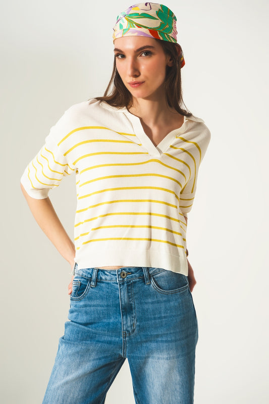 Pull à col polo vert à rayures des années 70