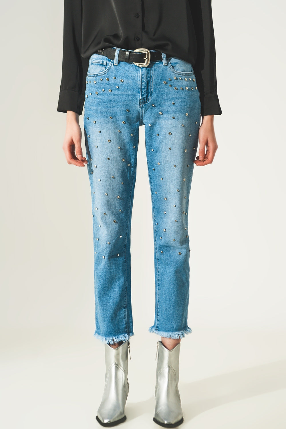 Jean déchiré en denim à strass