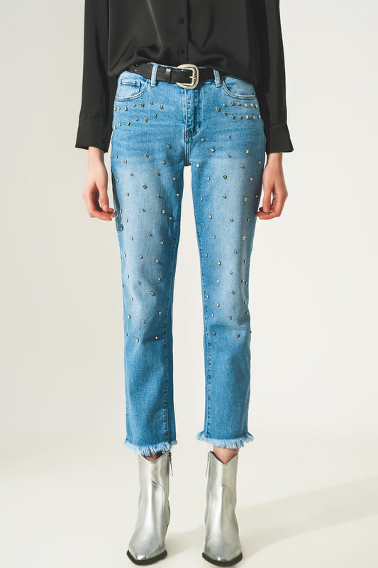 Jean déchiré en denim à strass