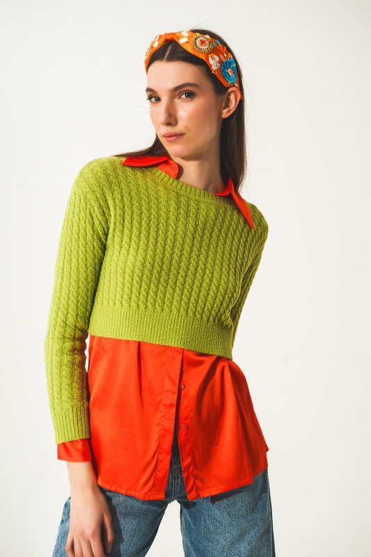 Pull ultra court en maille torsadée vert citron