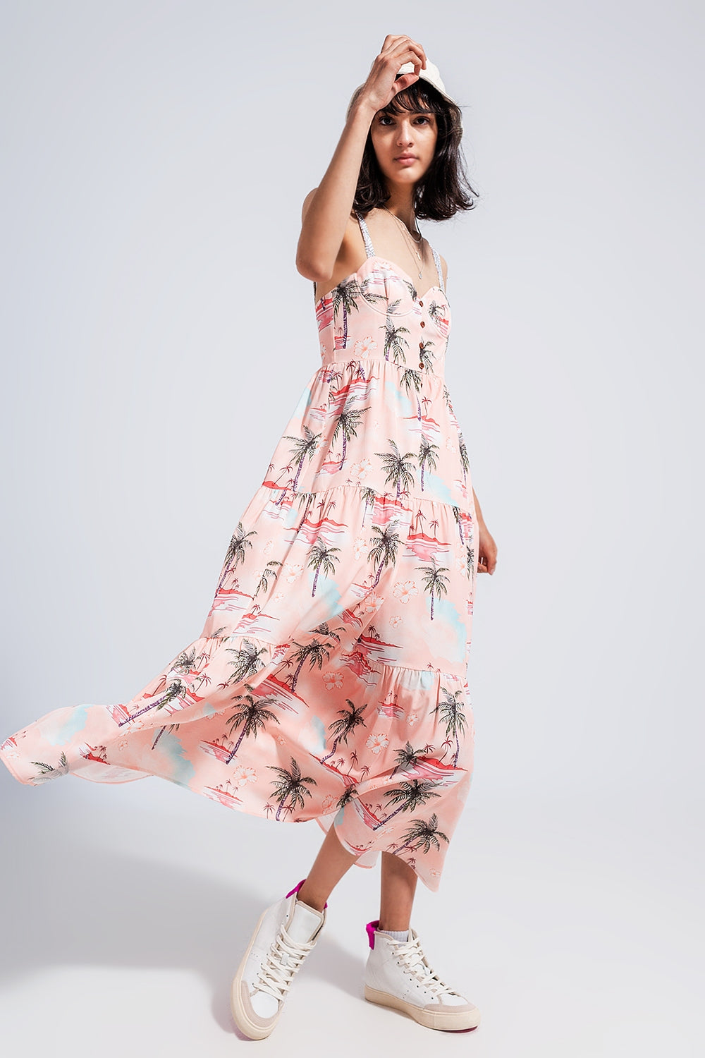 Robe de plage longue à fines bretelles et imprimé tropique