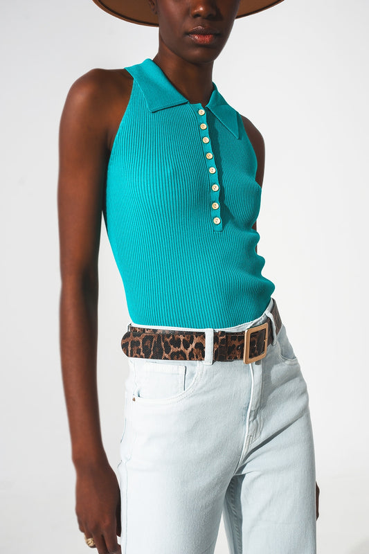 Top en maille côtelée à col polo en turquoise