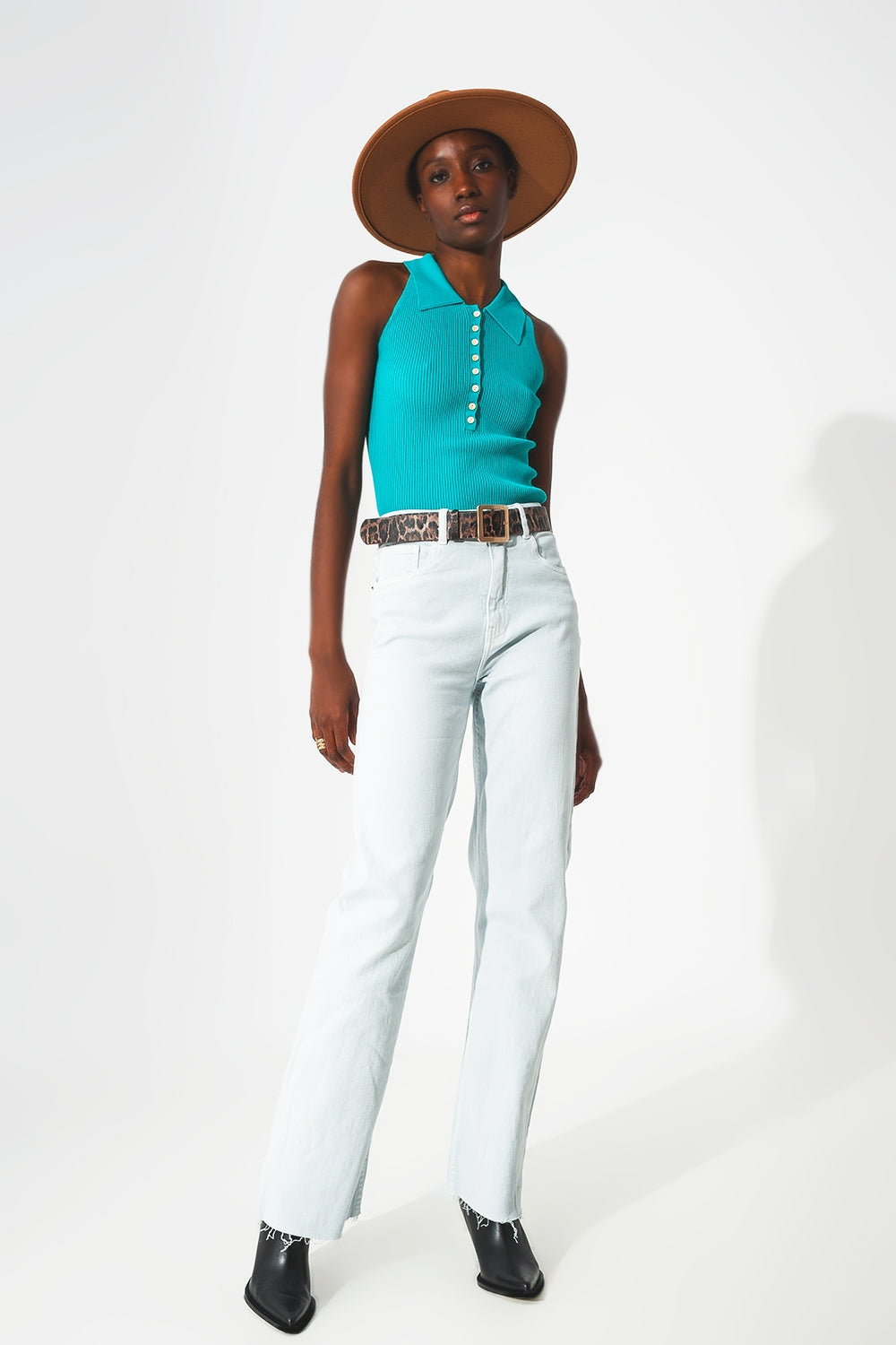 Top en maille côtelée à col polo en turquoise
