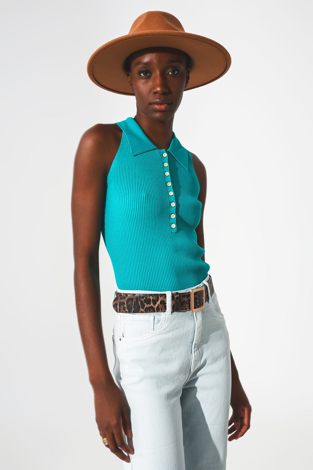 Top en maille côtelée à col polo en turquoise