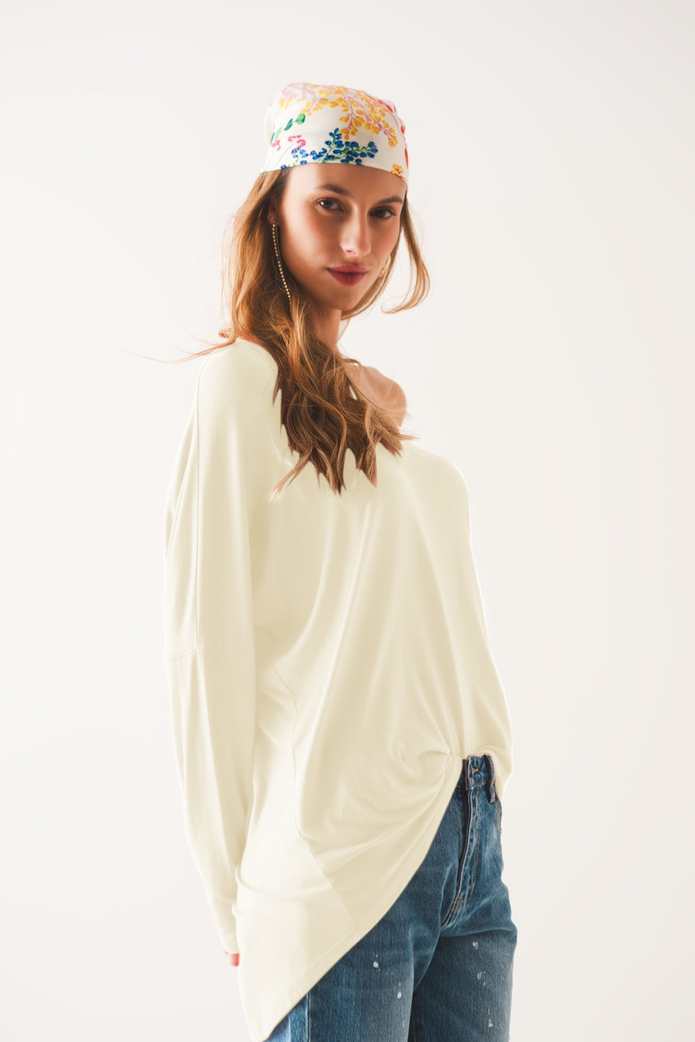 T shirt blanc à manches longues en tissu modal