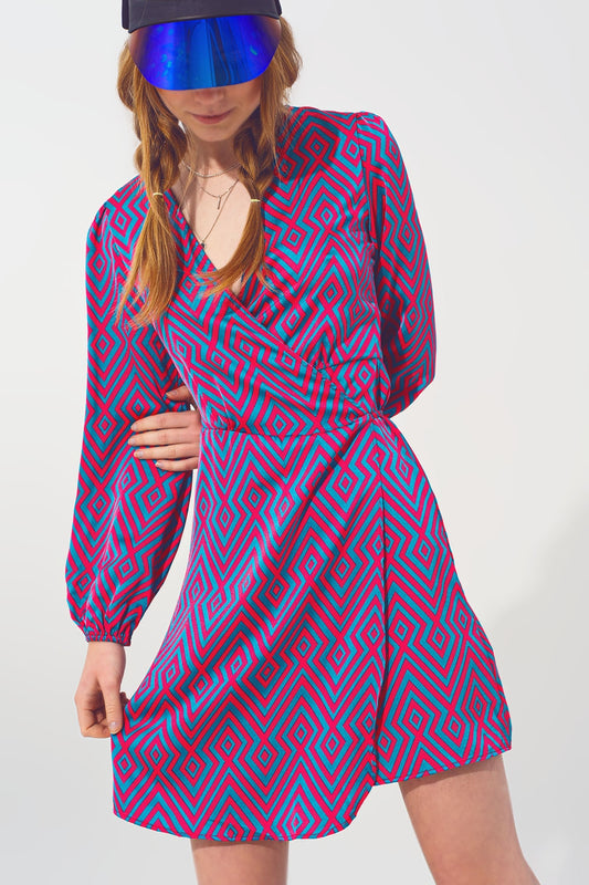 Robe mini enveloppante à col en V et imprimé géométrique