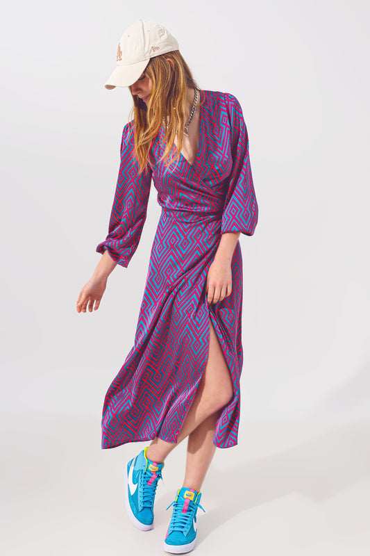 Robe longue enveloppante à manches longues en imprimé géo