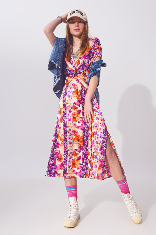 Robe longue à nœuds sur le devant imprimé fleurs en multicolore