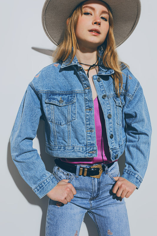 Veste en jean courte avec cœurs laminés délavage moyen