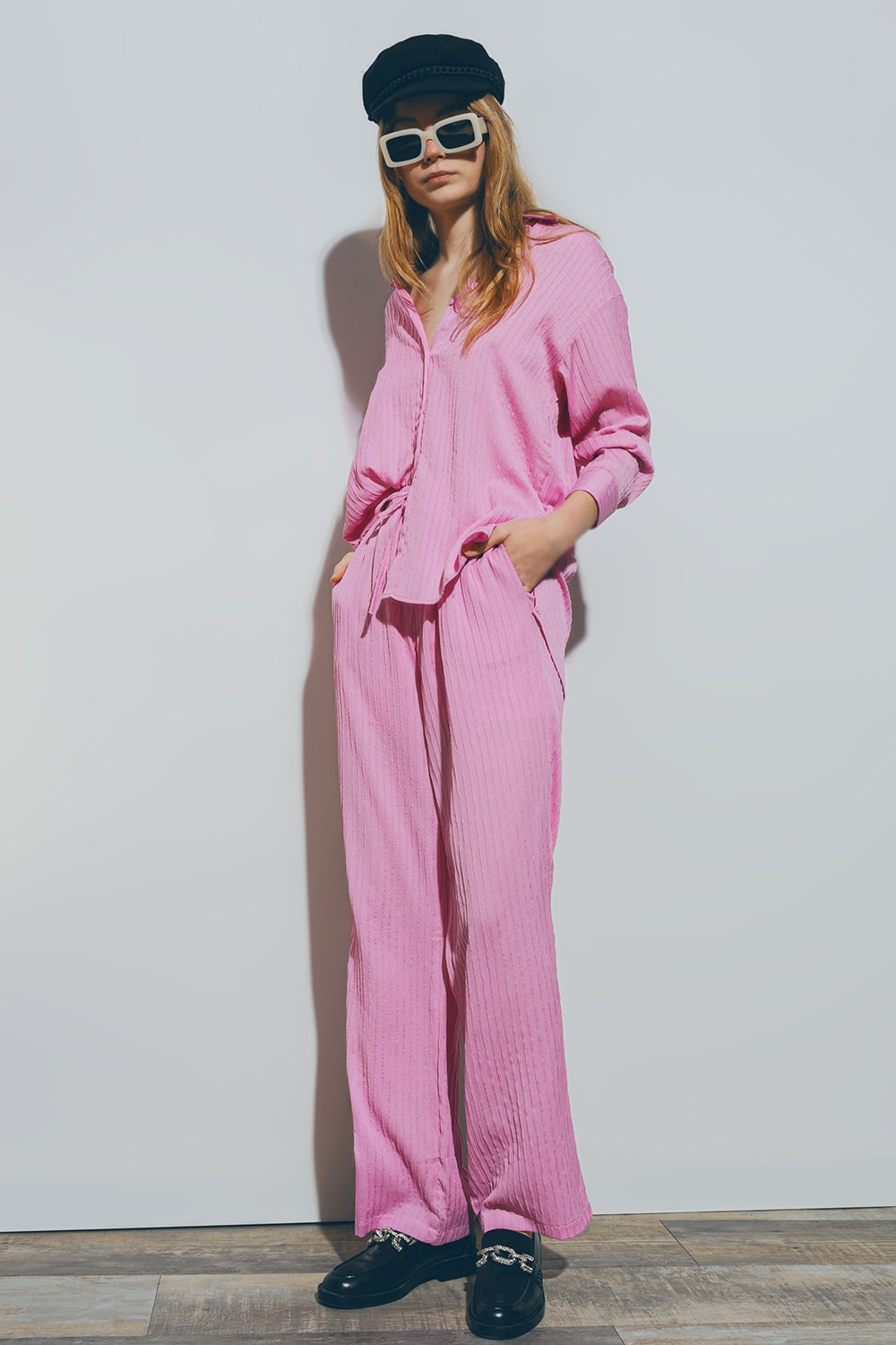 Chemise ample texturée rose