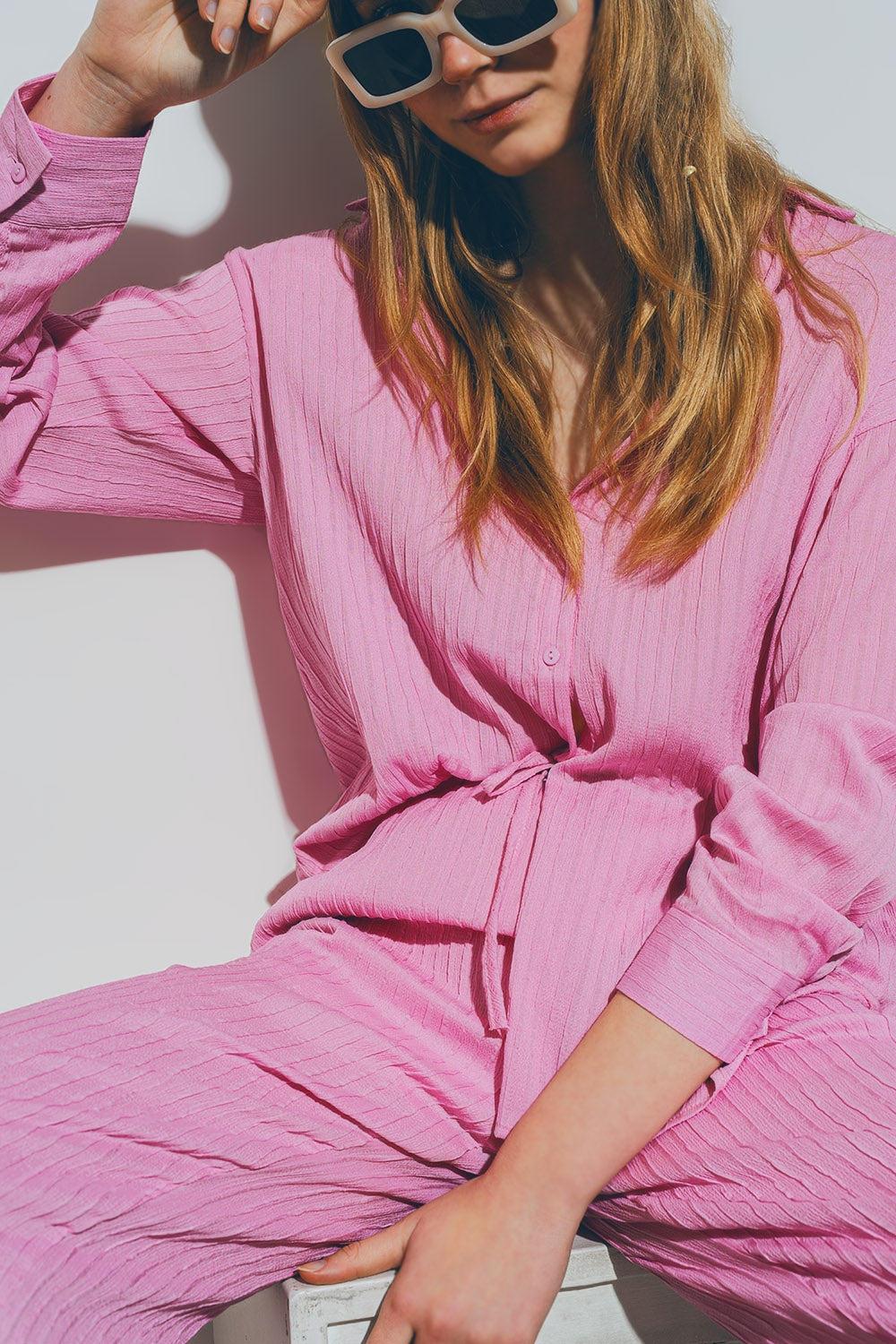 Chemise ample texturée rose