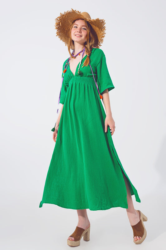 Robe Maxi à col en V texturé en vert