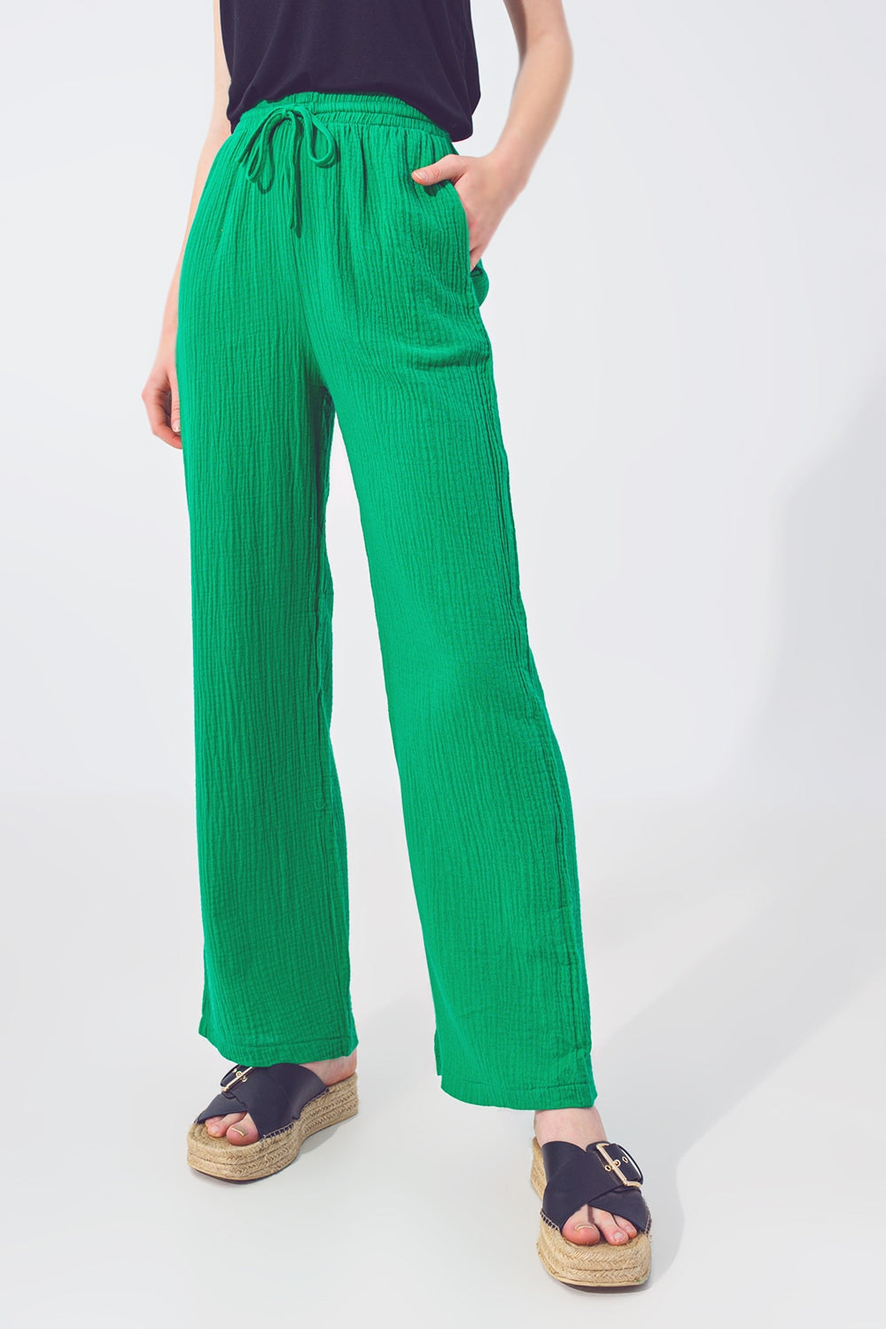 Pantalon Ample Texturé en Vert