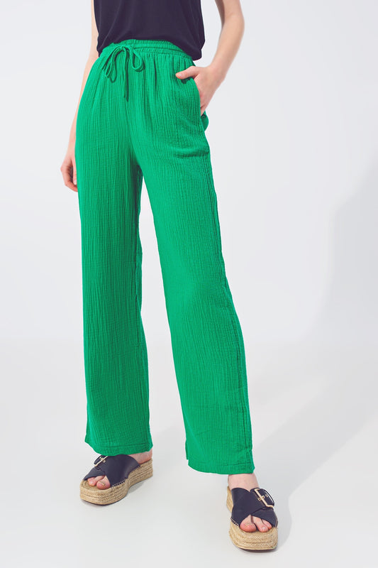 Pantalon Ample Texturé en Vert