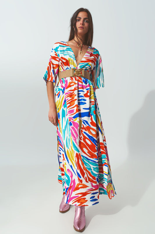 Robe Longue à Col en V et Imprimé Multicolore