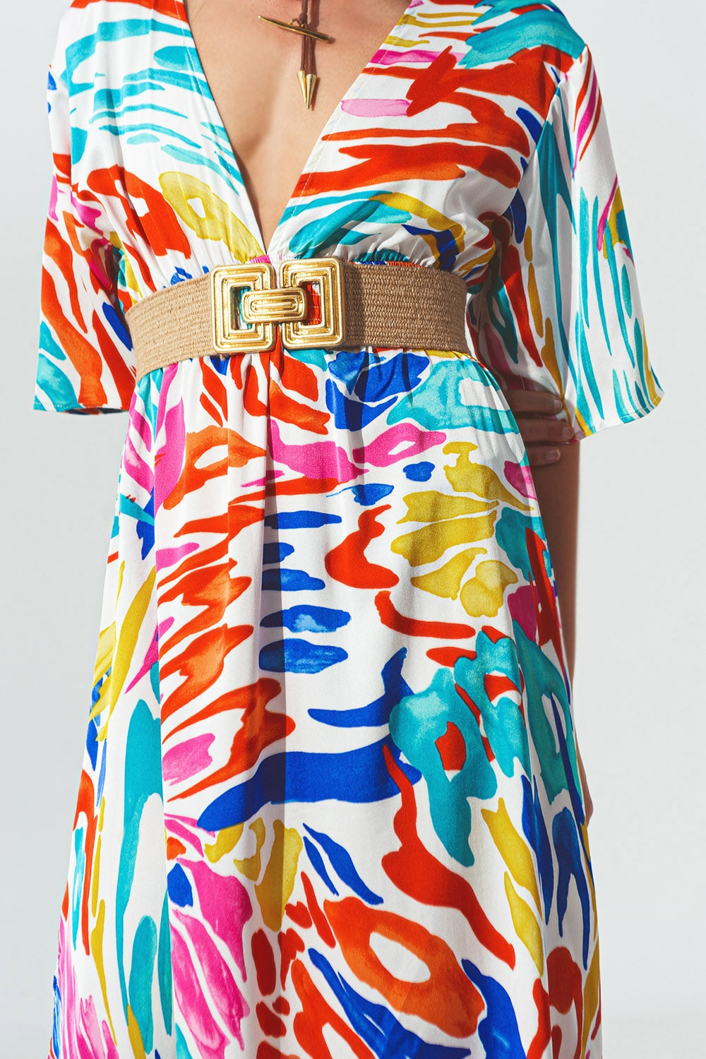 Robe Longue à Col en V et Imprimé Multicolore