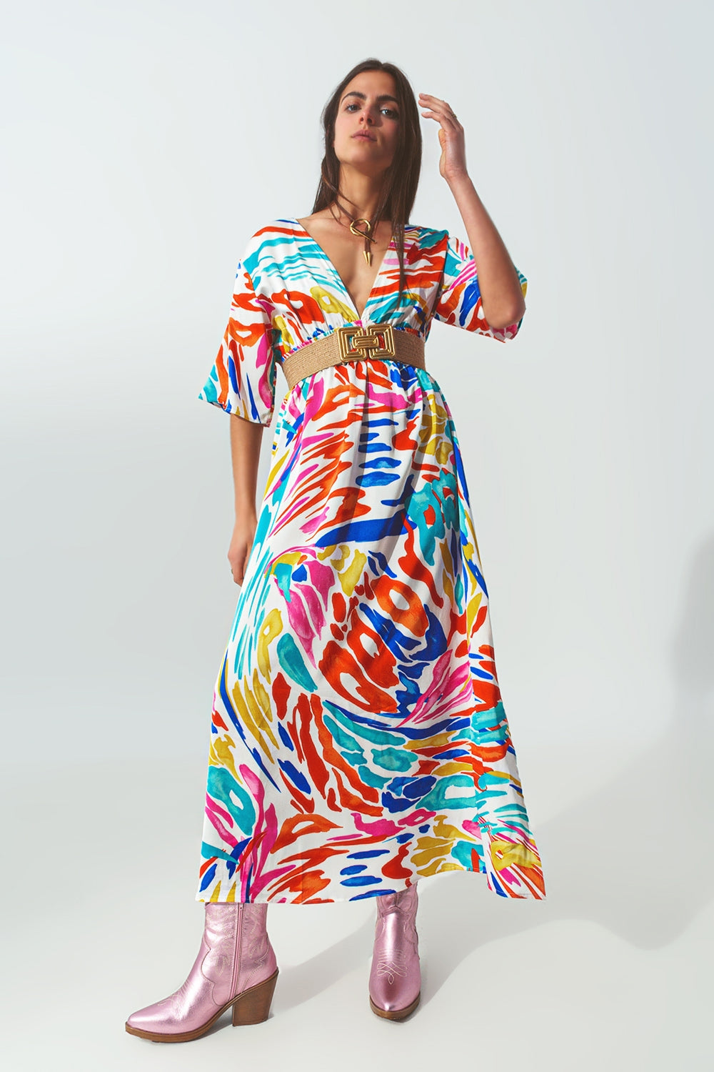 Robe Longue à Col en V et Imprimé Multicolore
