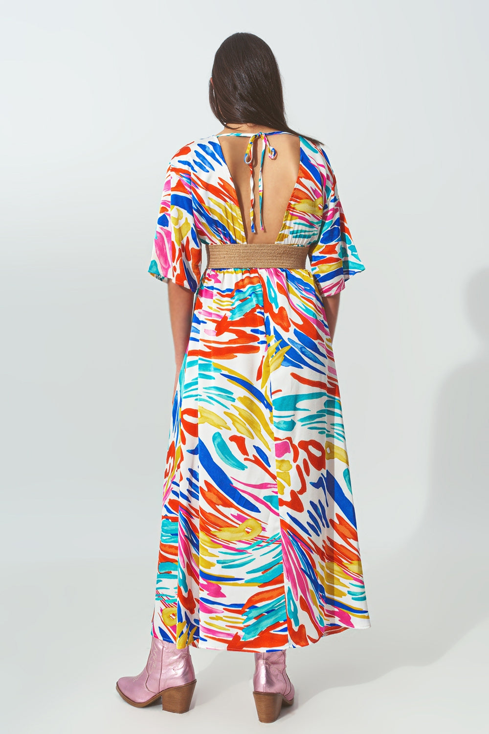 Robe Longue à Col en V et Imprimé Multicolore