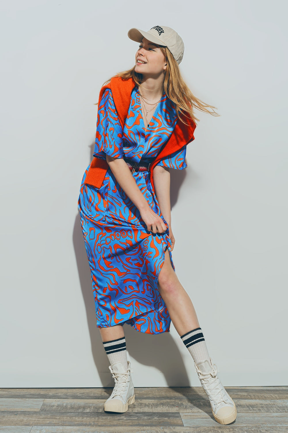 Robe Midi en Satin à Col en V bleu