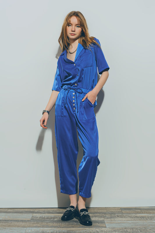 Chemise à Manches Courtes en Satin Bleu