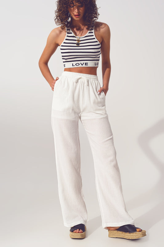 Pantalon Large Texturé en Blanc