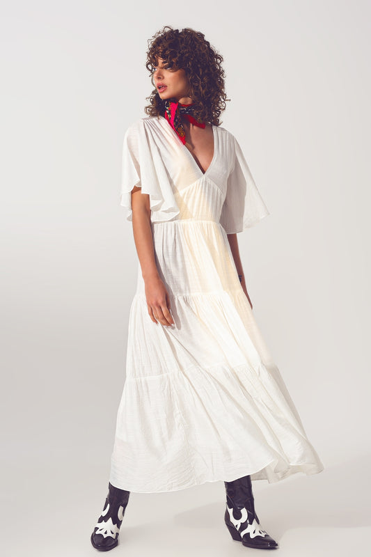 Robe Longue à Col V et Smocks en Blanc