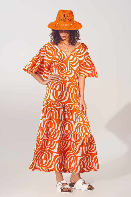 Robe Midi à col en V et Imprimé en Orange