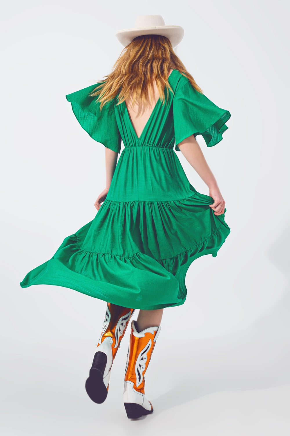 Robe Longue à Col V et Smocks en Vert