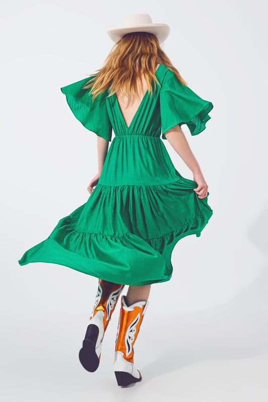 Robe Longue à Col V et Smocks en Vert