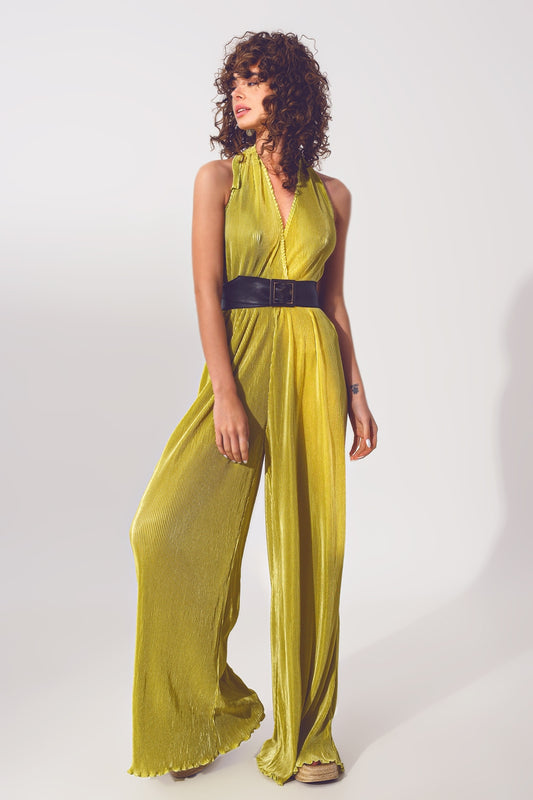 Combinaison maxi plissée à col licou en satin en vert