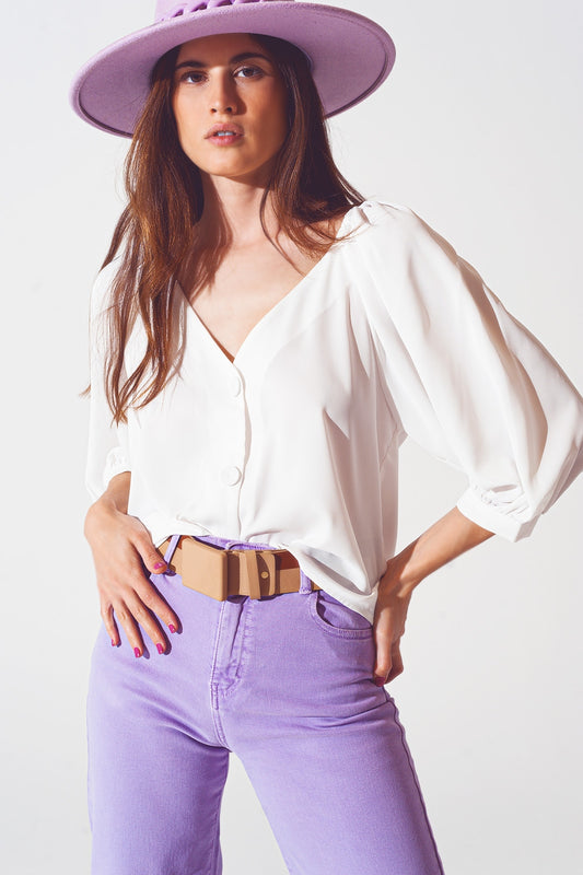 Chemise boutonnée sur le devant en satin Crème