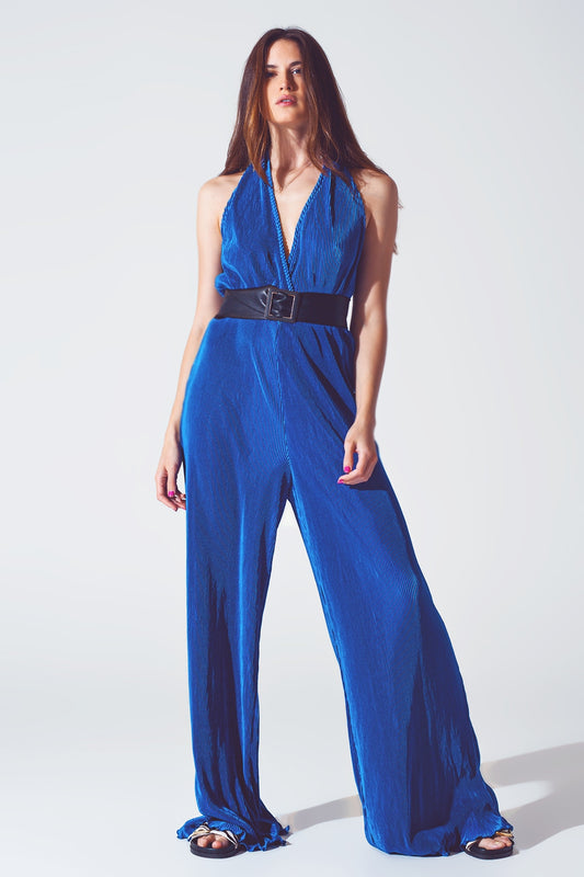 Combinaison longue plissée à col licou en satin en bleu