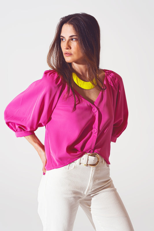 Chemise boutonnée sur le devant en satin fuchsia