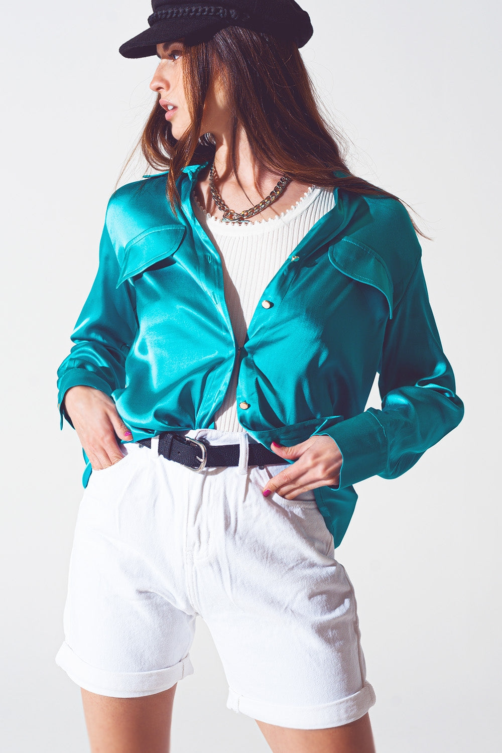 chemisier en satin turquoise