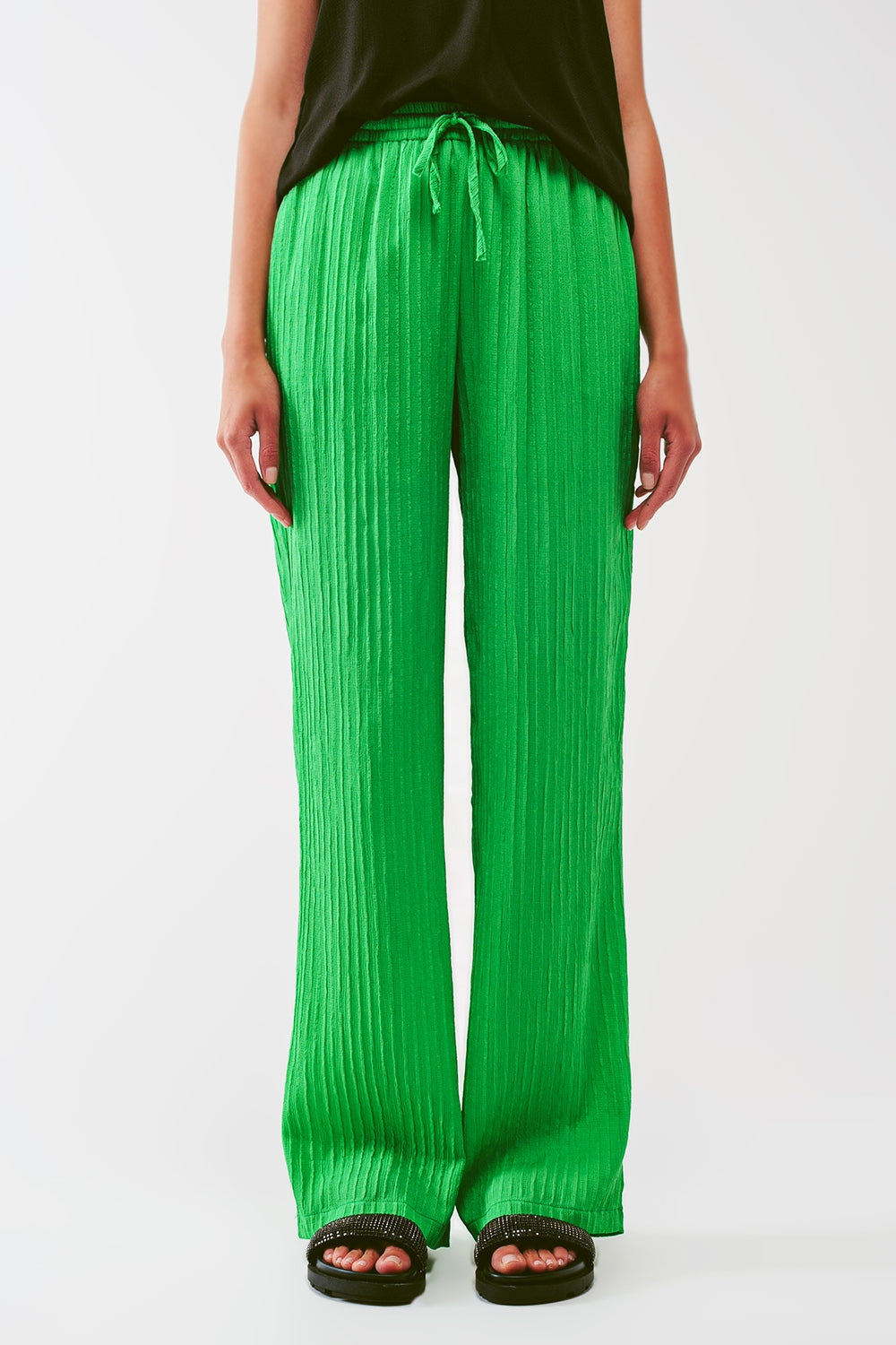 Pantalon large à rayures en vert