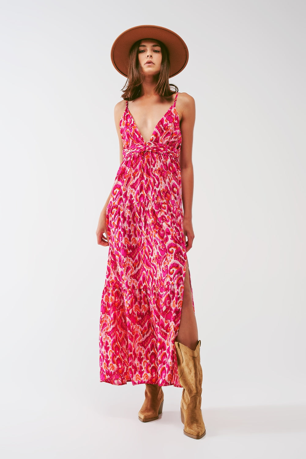 Robe longue imprimée fleurie avec décolleté en V en rose