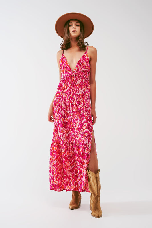 Robe longue imprimée fleurie avec décolleté en V en rose