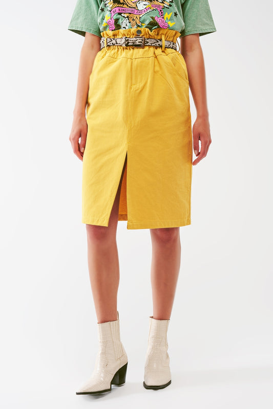 Jupe droite à taille froncée avec fente avant en jaune