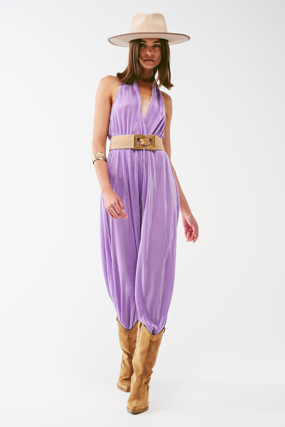 Combinaison maxi plissée en satin à encolure halter en lila
