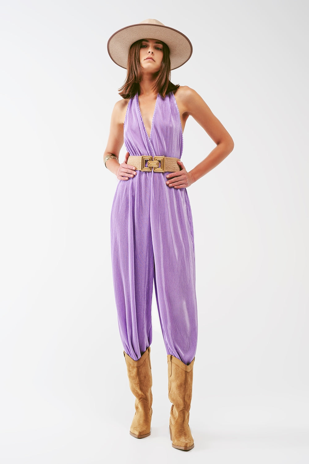 Combinaison maxi plissée en satin à encolure halter en lila